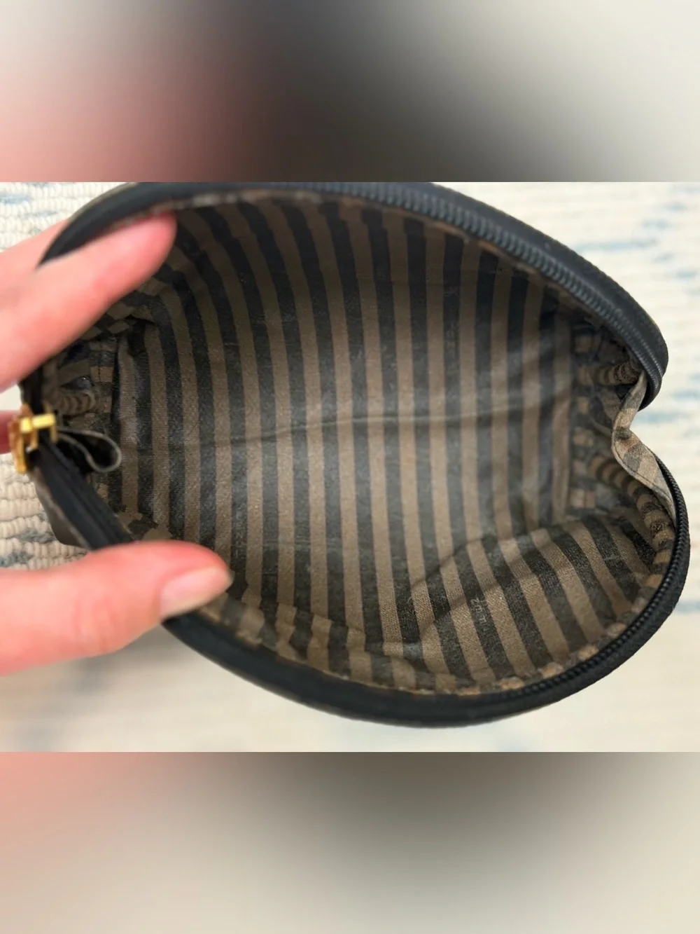 FENDI Vintage 90’s Signature Pequin Black Nylon Half-Moon Clutch/Cosmetic Pouch